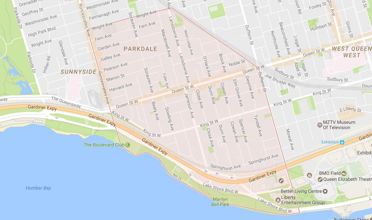 Kart over Parkdale-området i Toronto