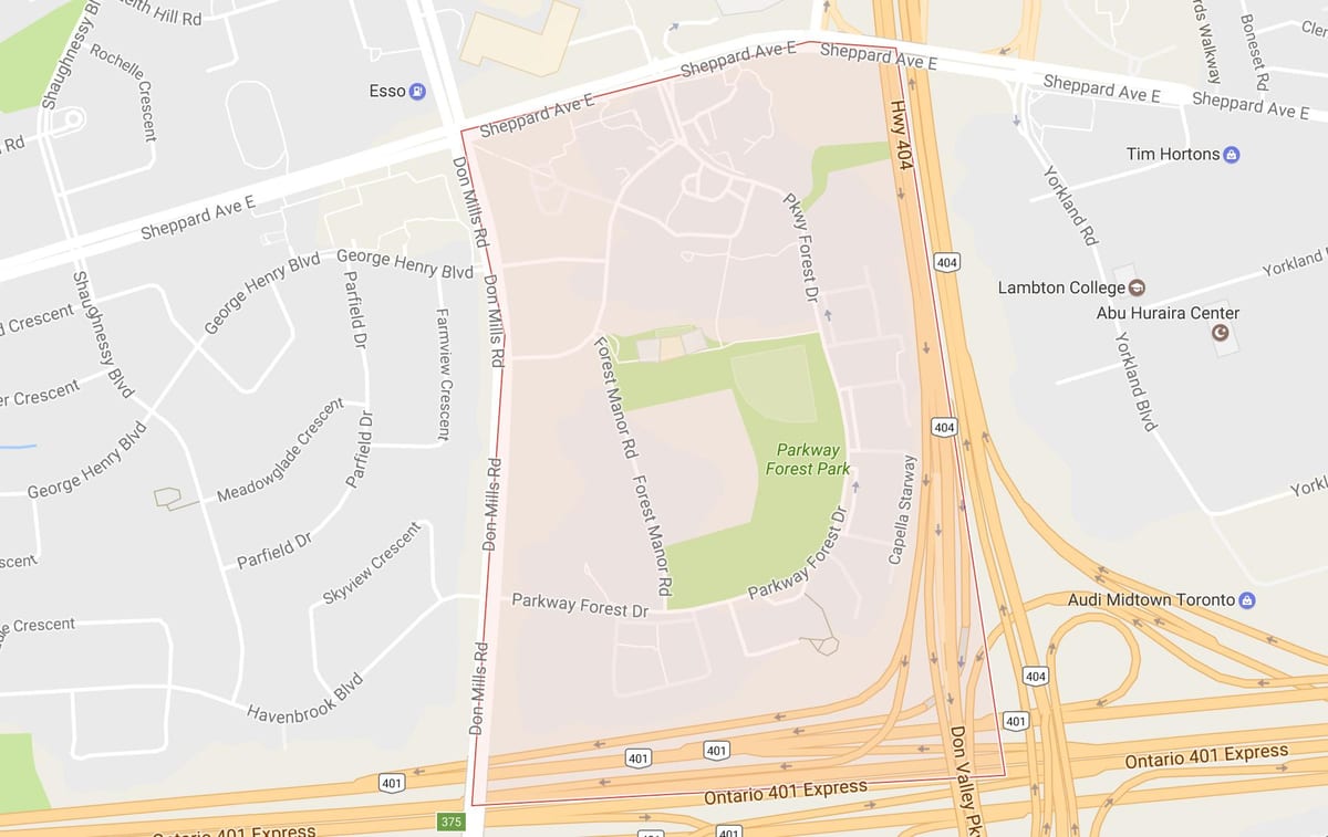 Kart av Parkway Skogen-området i Toronto