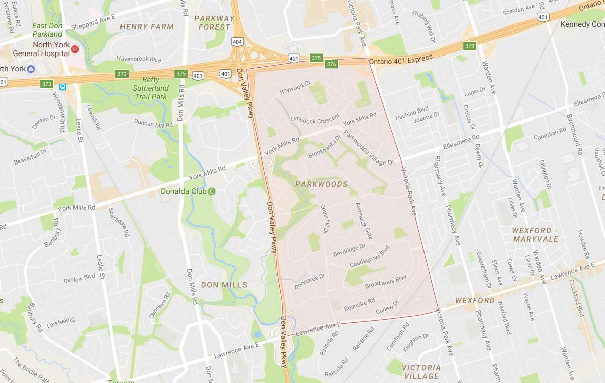 Kart over Parkwoods-området i Toronto