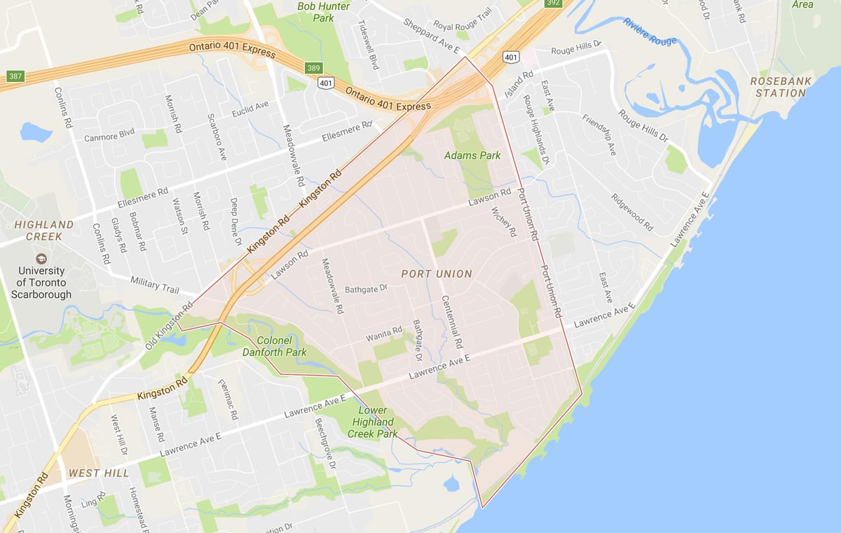 Kart over Port Union-området i Toronto