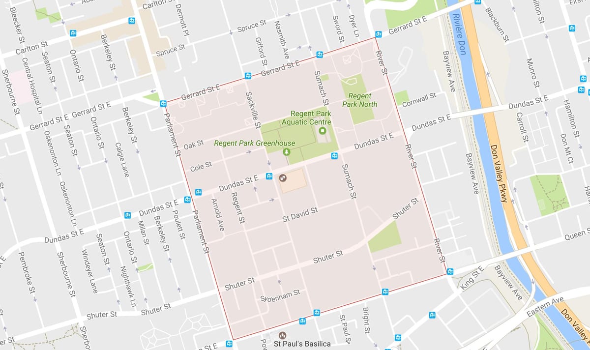 Kart av Regent Park-området i Toronto