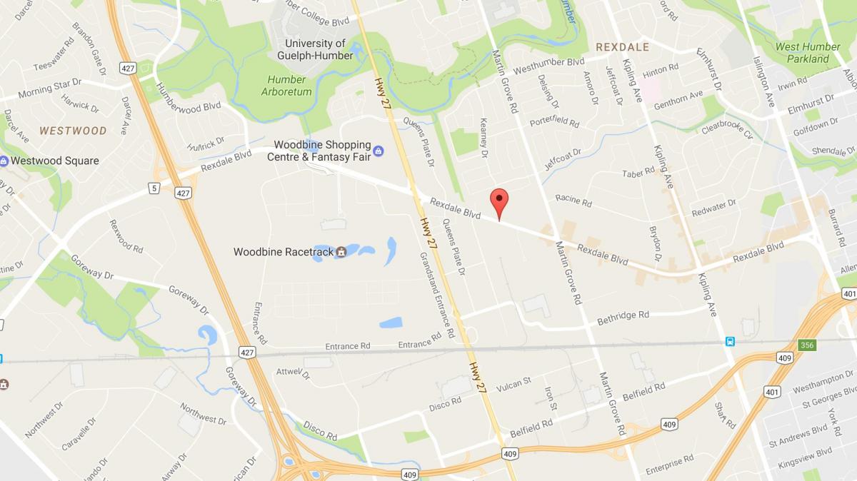 Kart over Rexdale boulevard Toronto