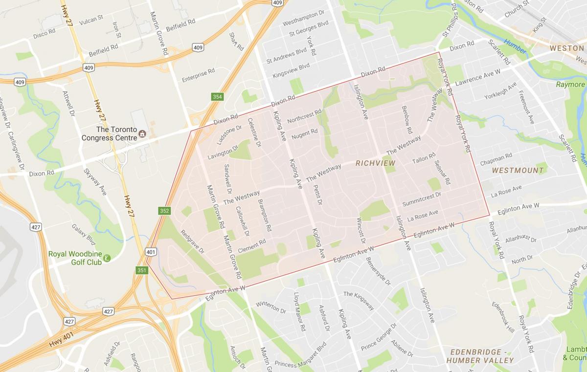 Kart over Richview-området i Toronto
