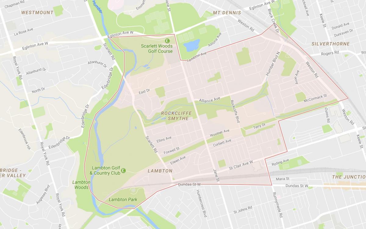 Kart av Rockcliffe–Smythe-området i Toronto