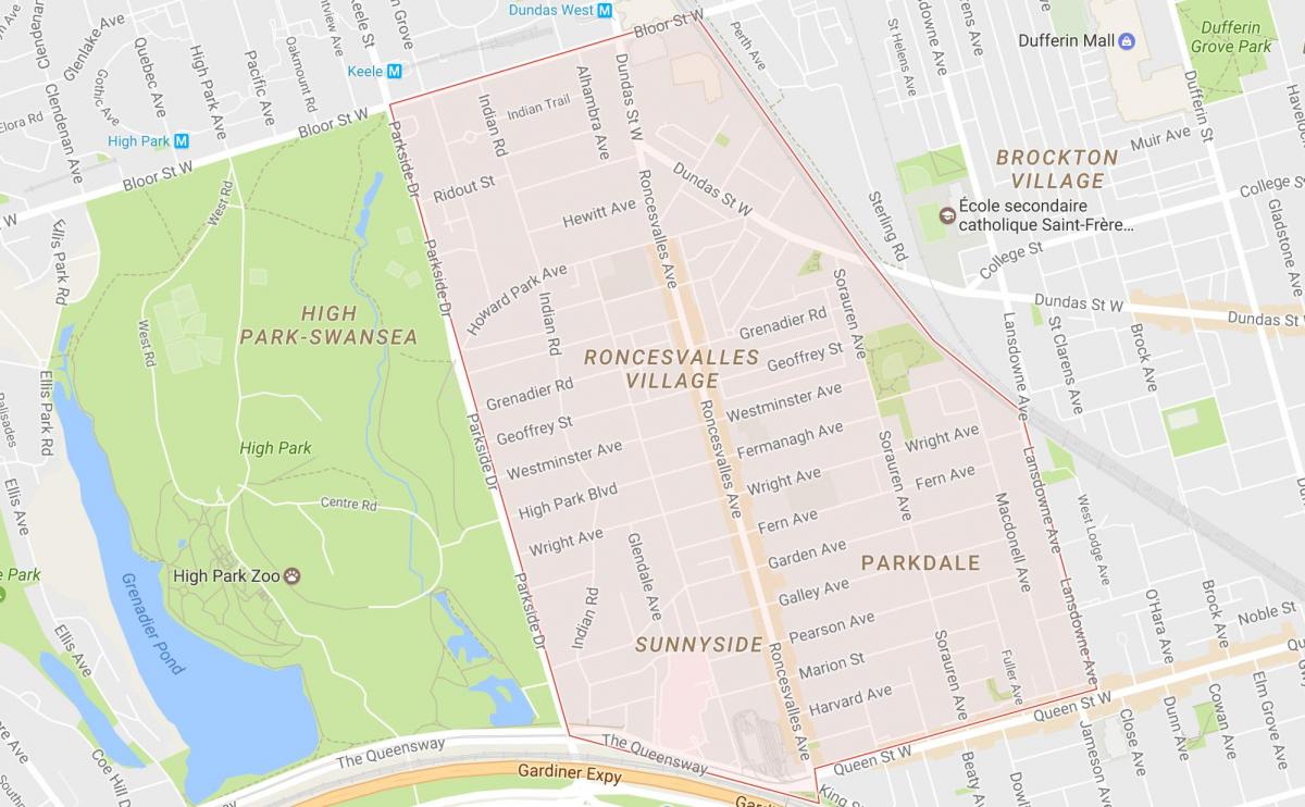 Kart over Roncesvalles-området i Toronto