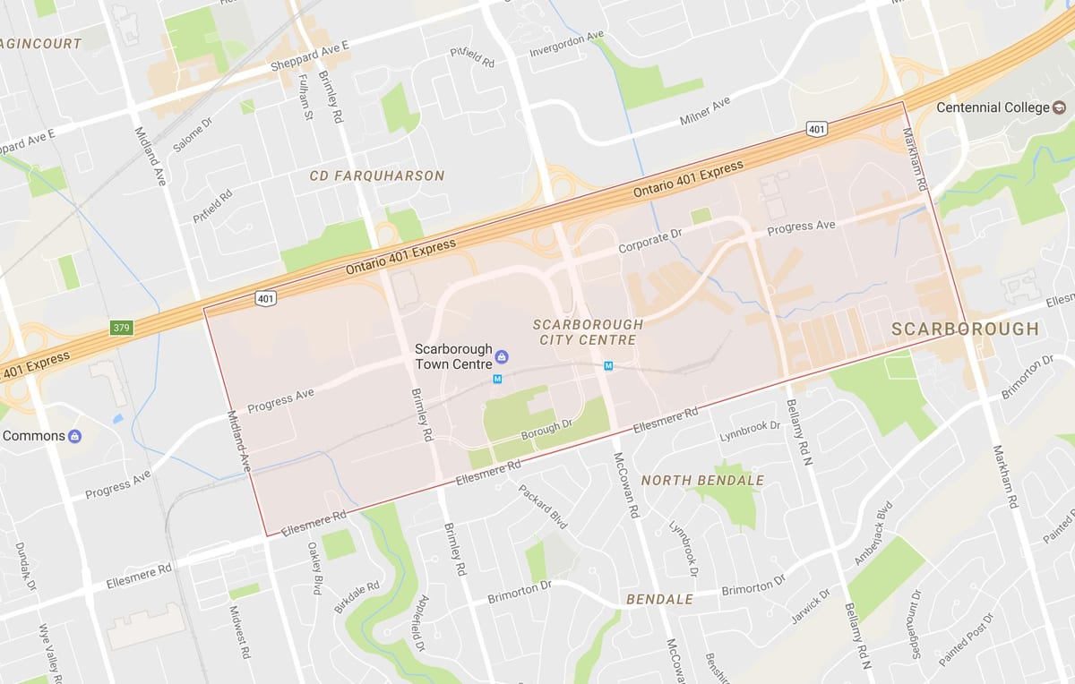 Kart av Scarborough Sentrum-området i Toronto