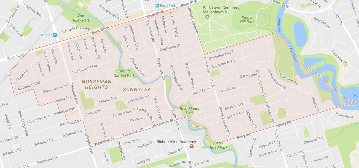 Kart over Sunnylea-området-området i Toronto