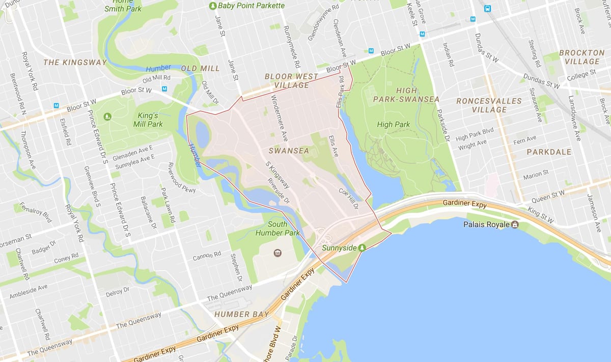 Kart over Swansea-området i Toronto