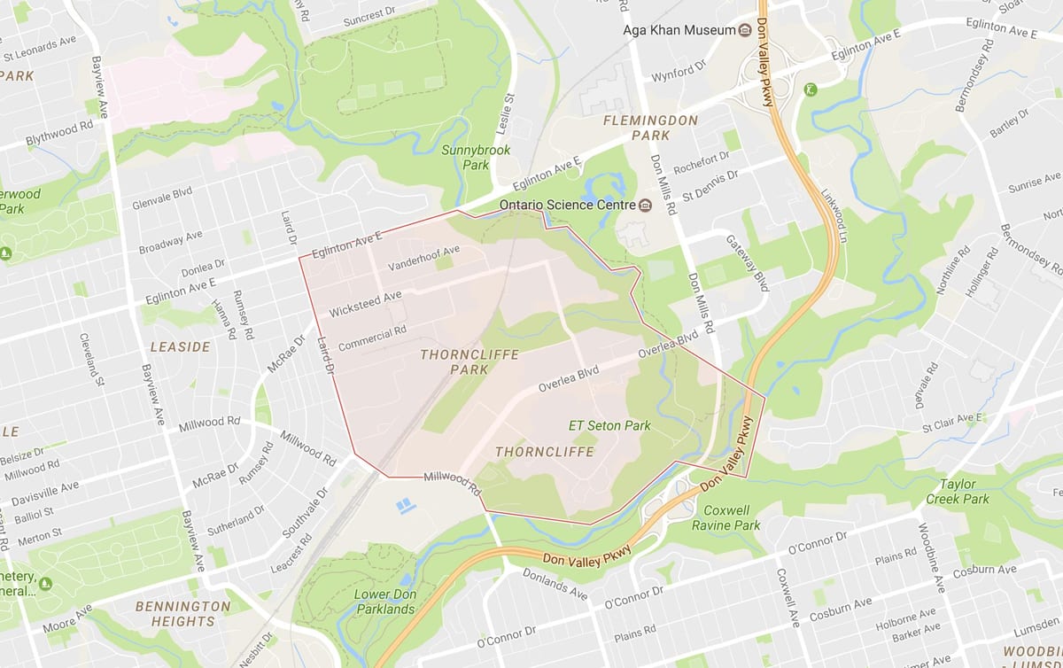 Kart over Thorncliffe Park-området i Toronto