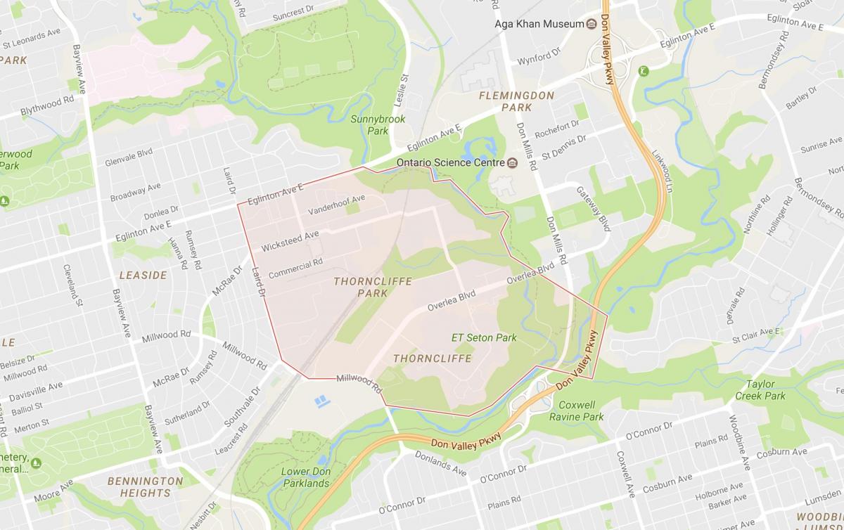 Kart over Thorncliffe Park-området i Toronto