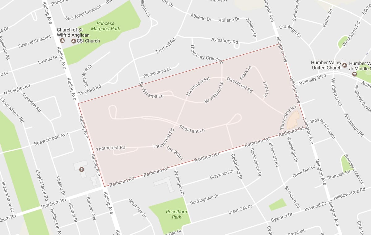 Kart over Thorncrest Village-området-området i Toronto