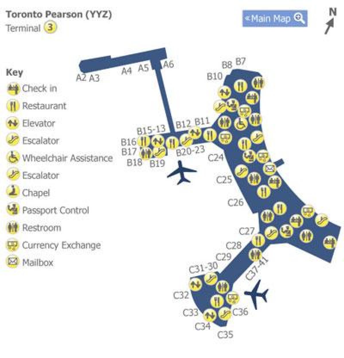 Kart av Toronto Pearson airport terminal 3