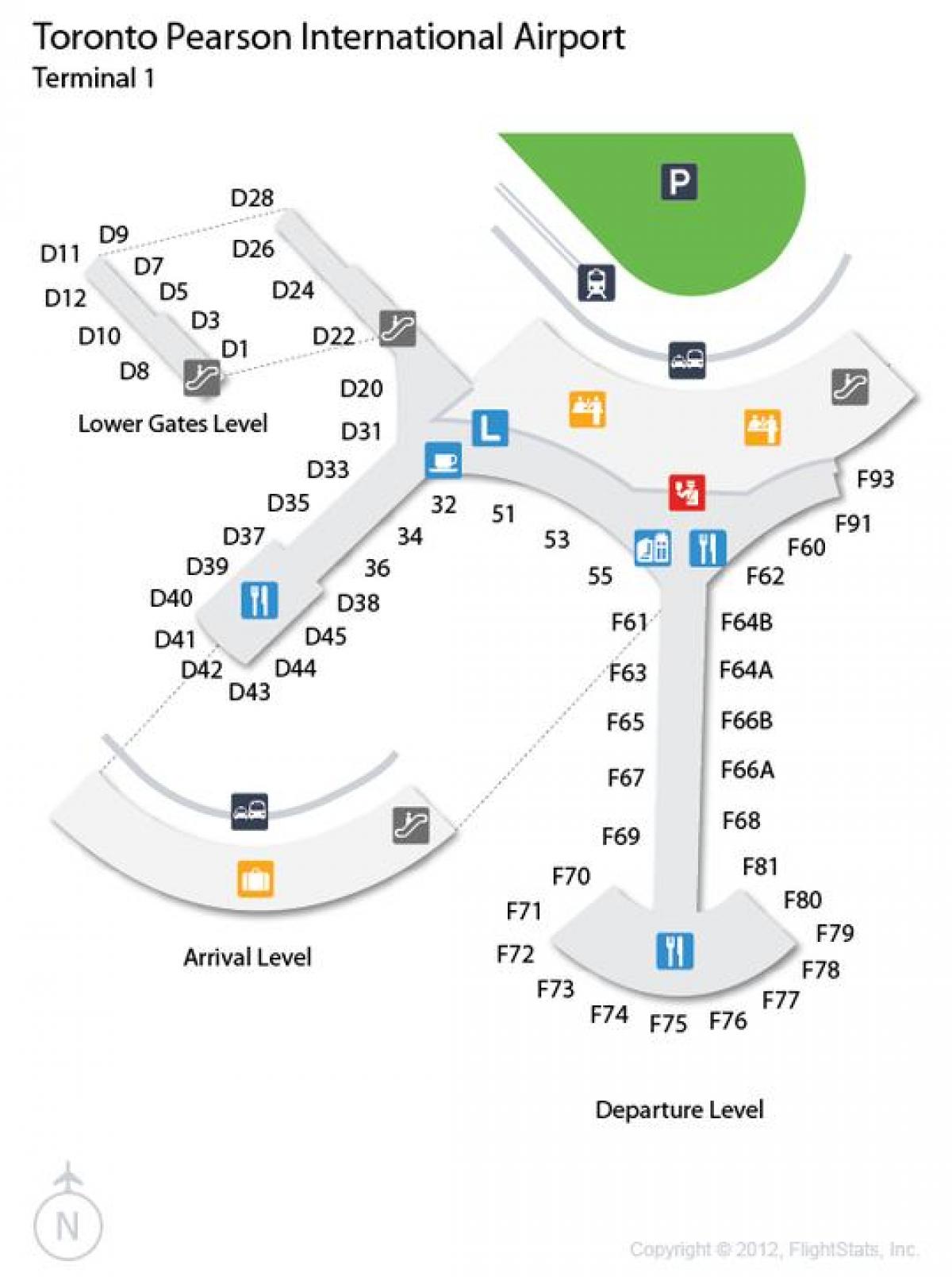 Kart av Toronto Pearson-flyplassen ved ankomst og avreise nivå
