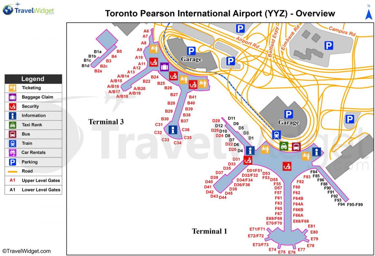 Kart av Toronto Pearson internasjonale flyplass