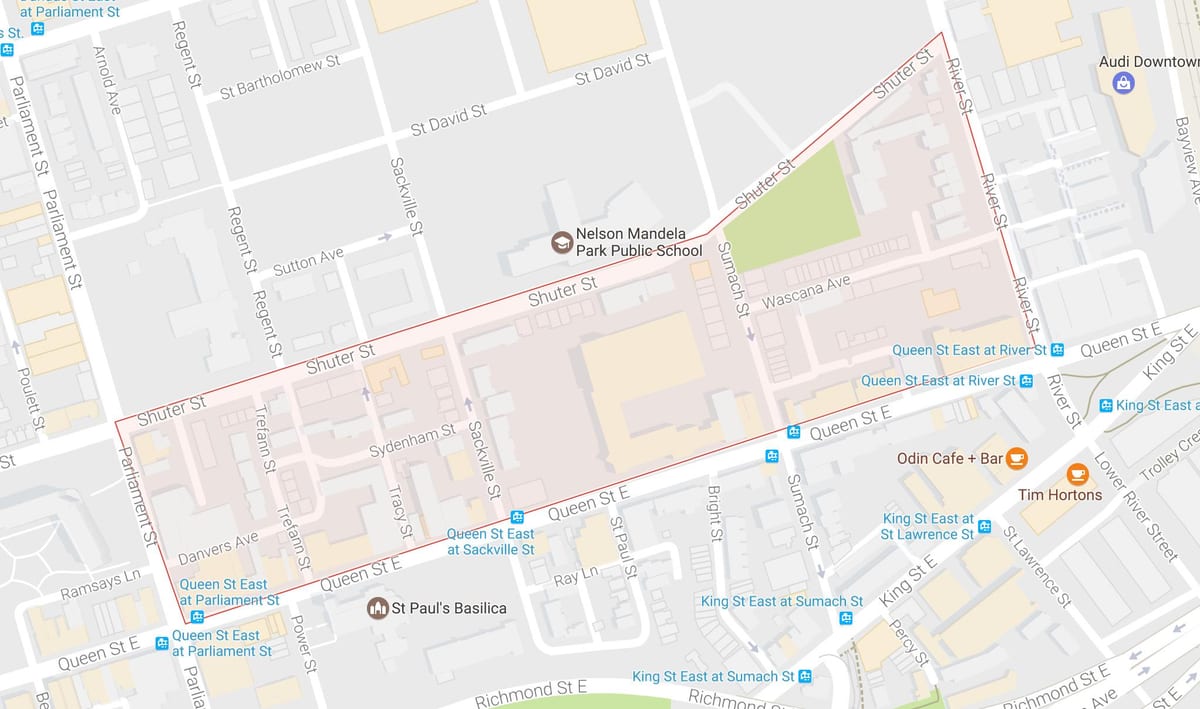 Kart over Trefann Court-området i Toronto