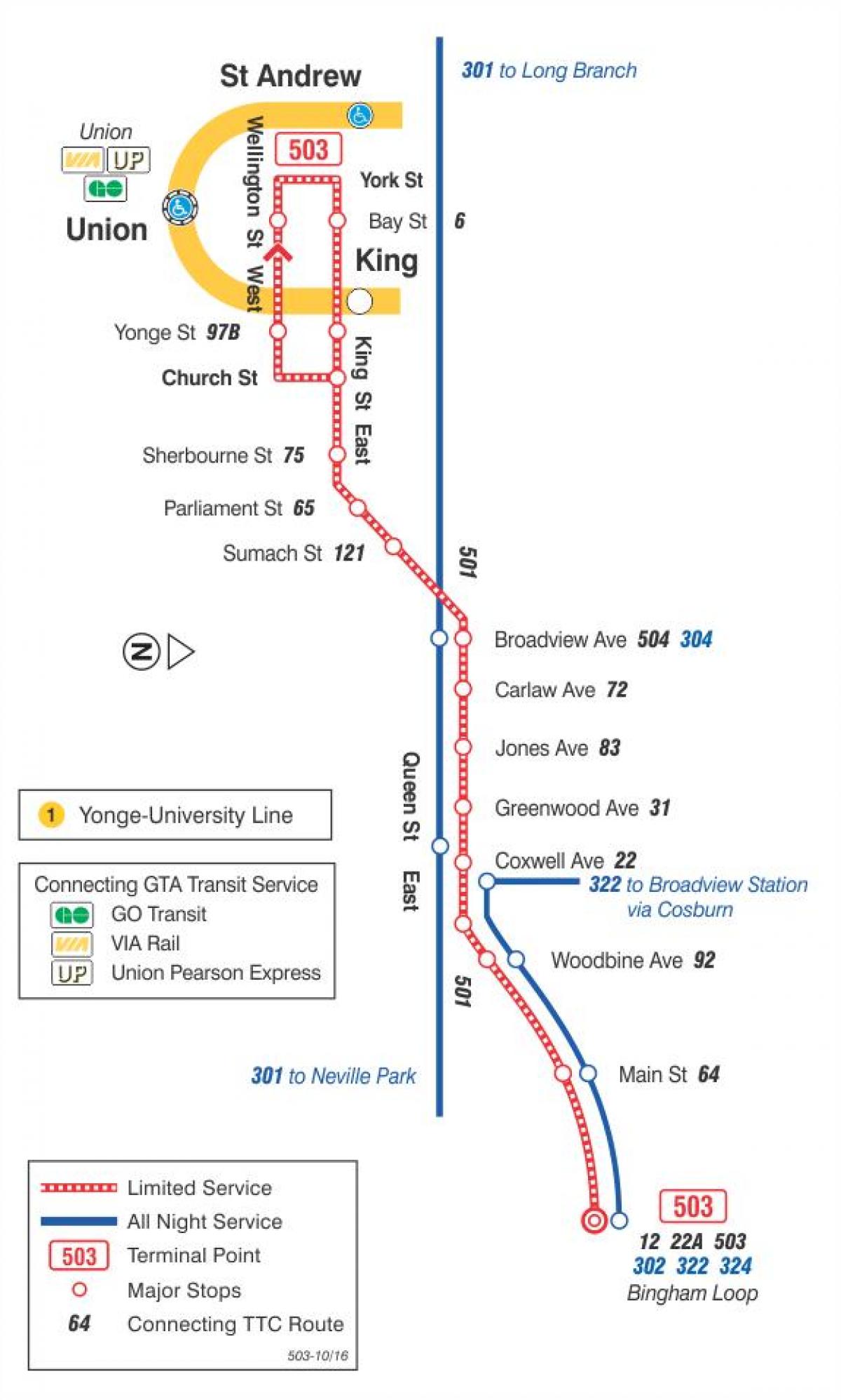 Kart av trikk linje 503 Kingston Veien