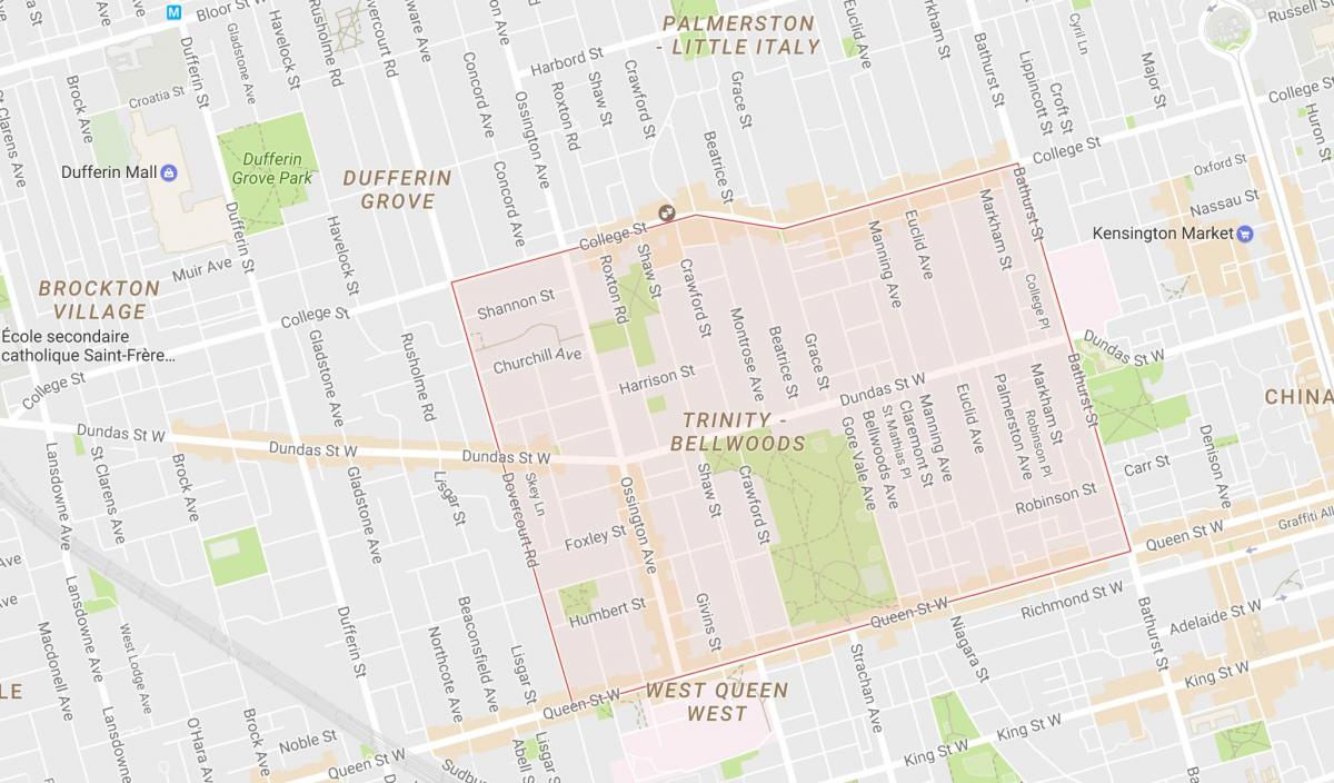 Kart av Trinity–Bellwoods-området i Toronto