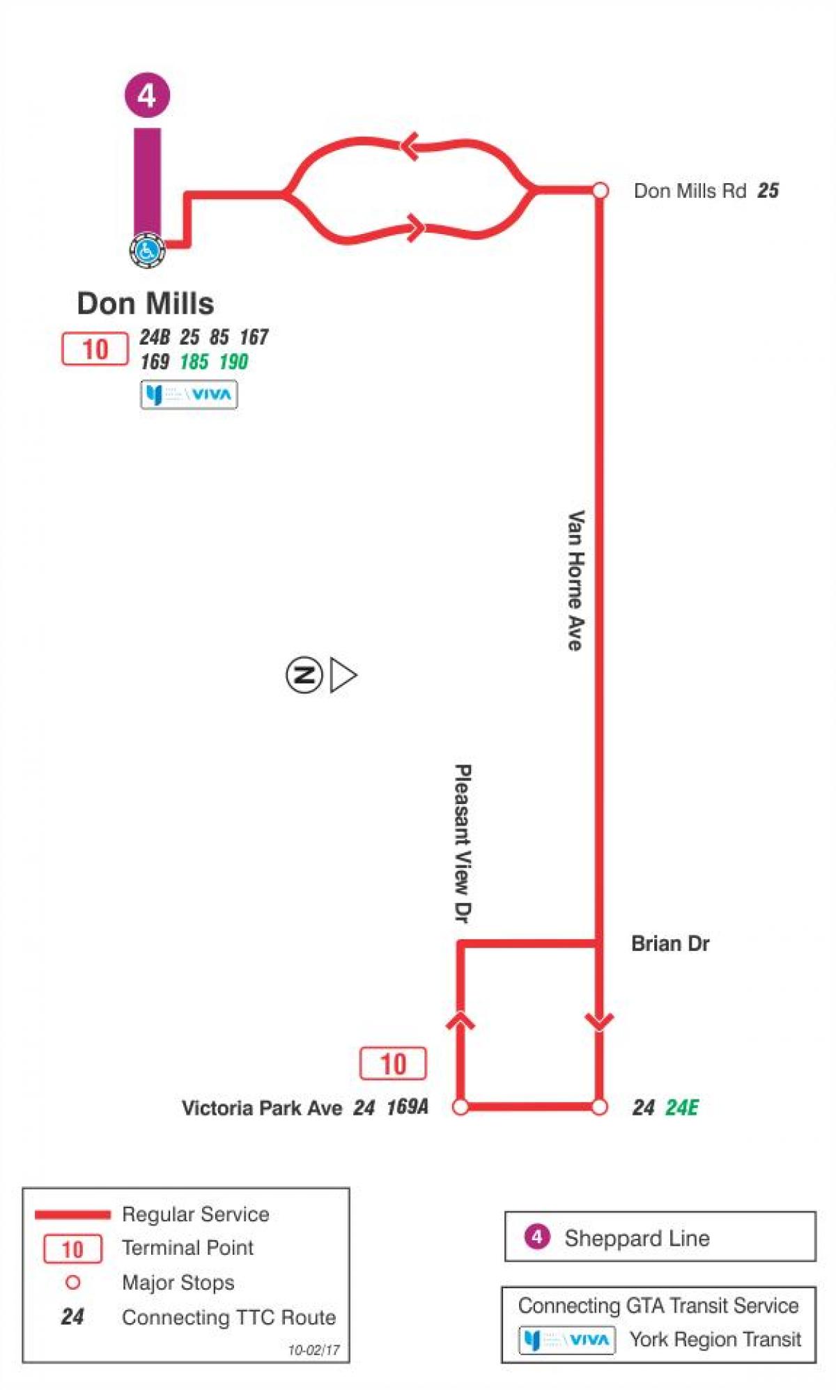Kart av TTC-10 Van Horne buss rute Toronto