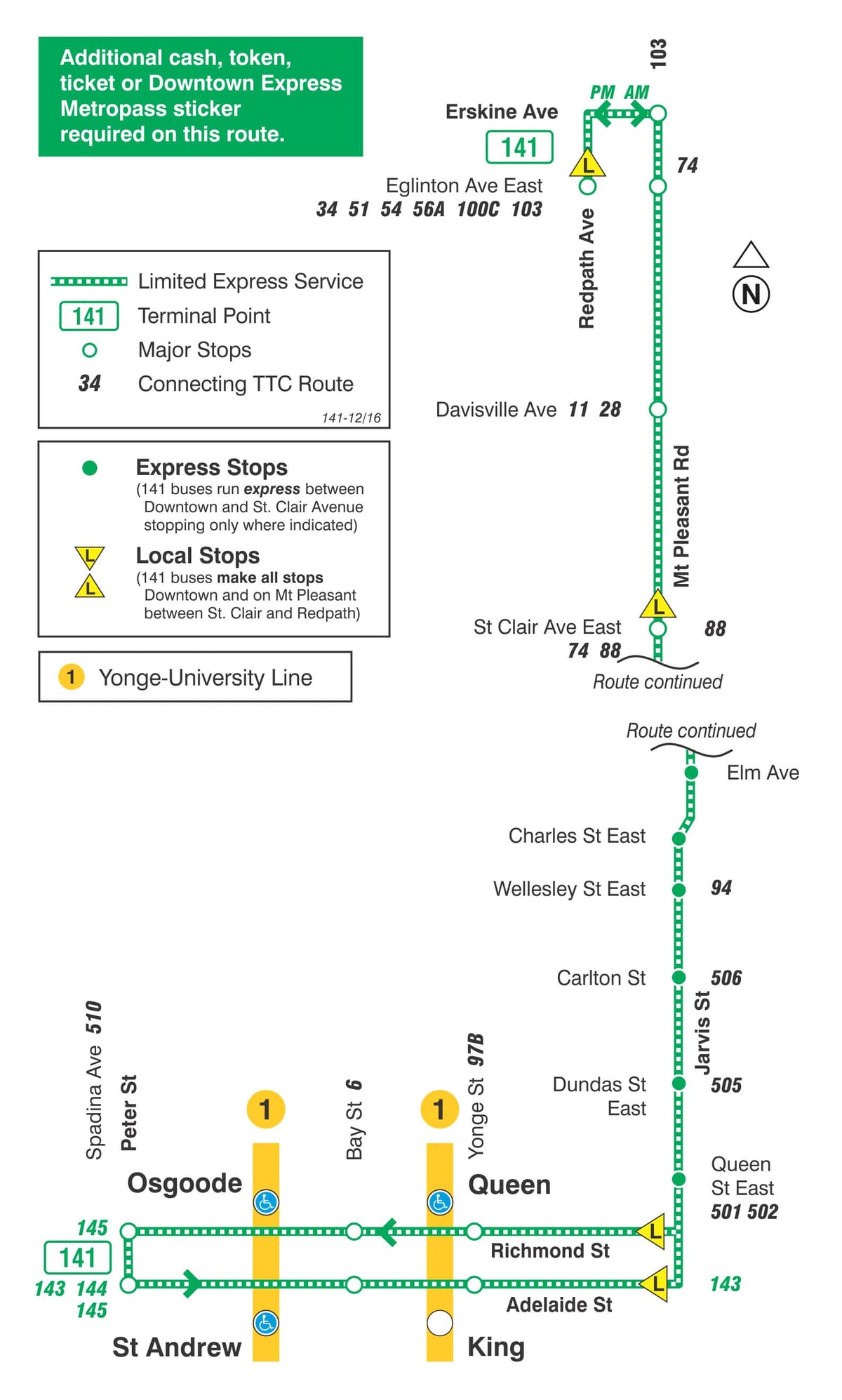 Kart av TTC-141 Downtown / Mt Pleasant Express buss rute Toronto