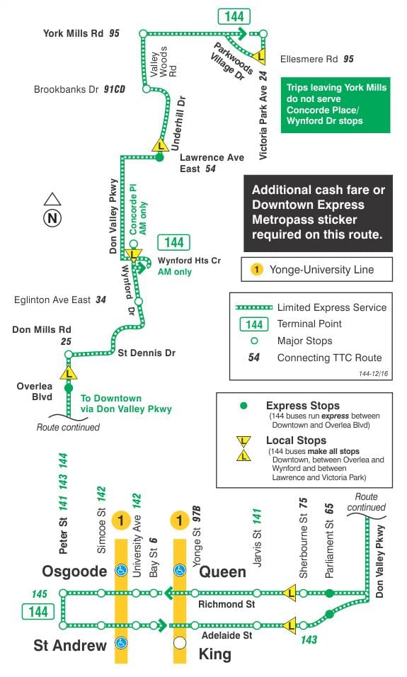 Kart av TTC-144 Downtown / Don Valley Express buss rute Toronto