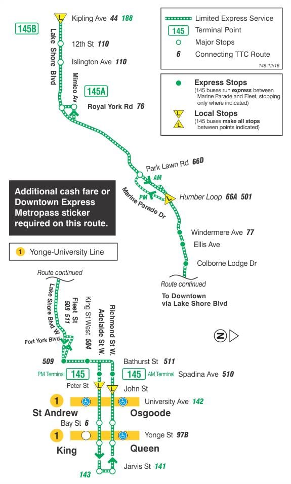 Kart av TTC-145 Downtown / Humber Bay Express buss rute Toronto