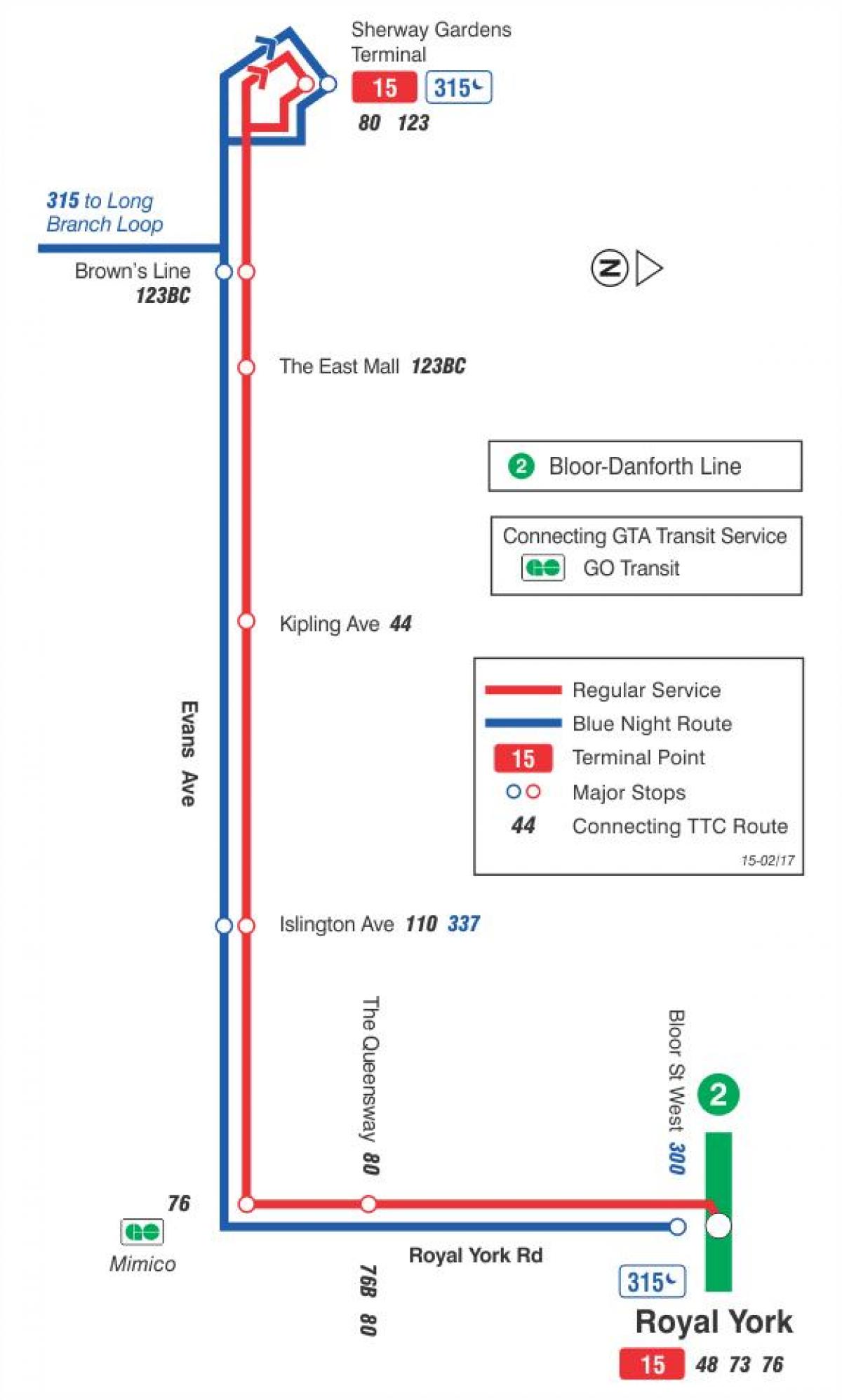 Kart av TTC-15 Evans buss rute Toronto