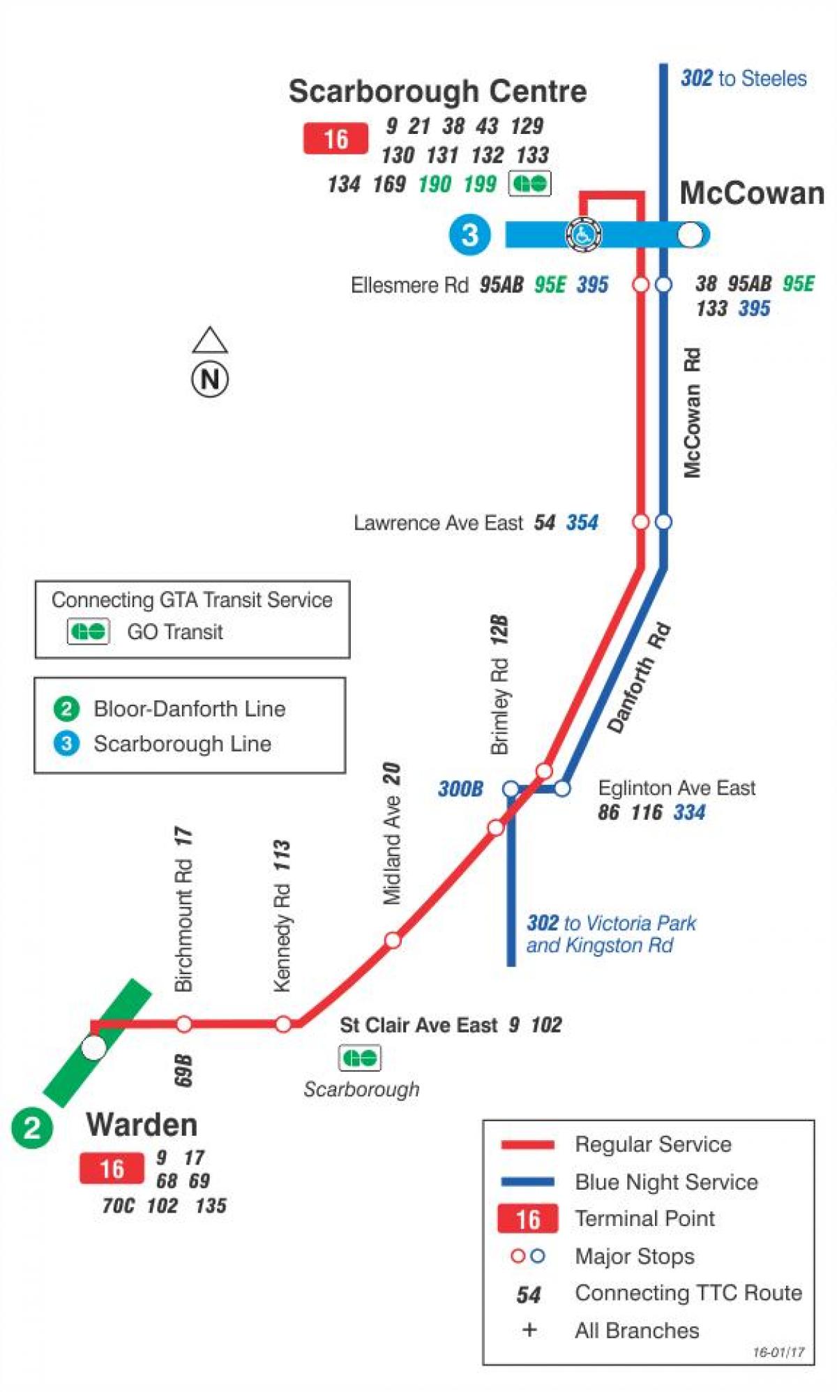 Kart av TTC-16 McCowan buss rute Toronto