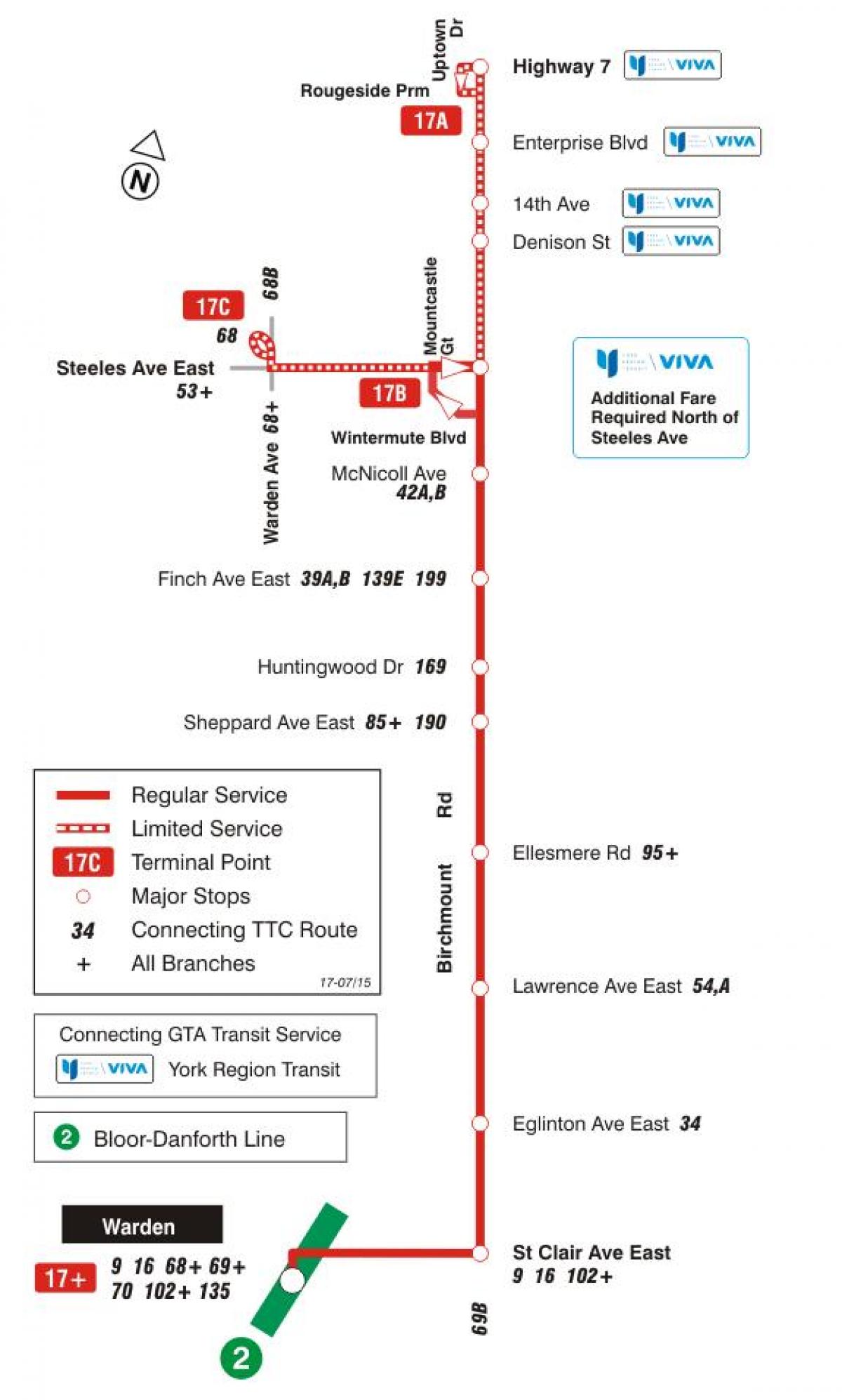 Kart av TTC-17 Birchmount buss rute Toronto