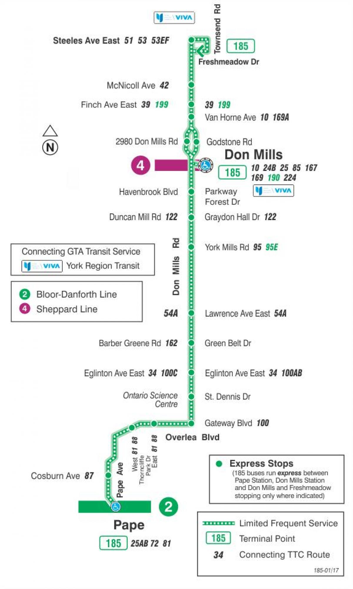 Kart av TTC-185 Don Mills Rakett buss rute Toronto