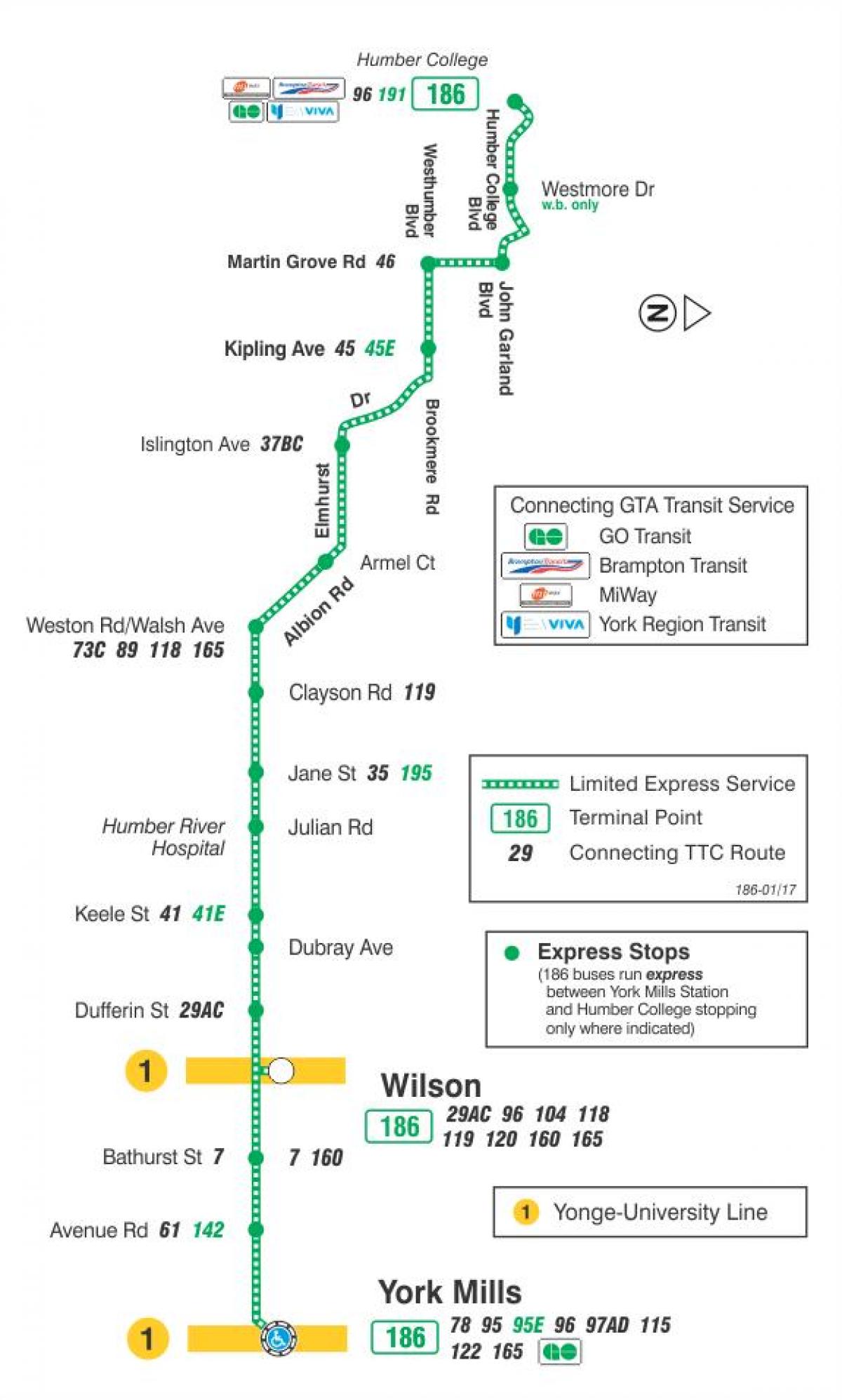 Kart av TTC-186 Wilson Rakett buss rute Toronto