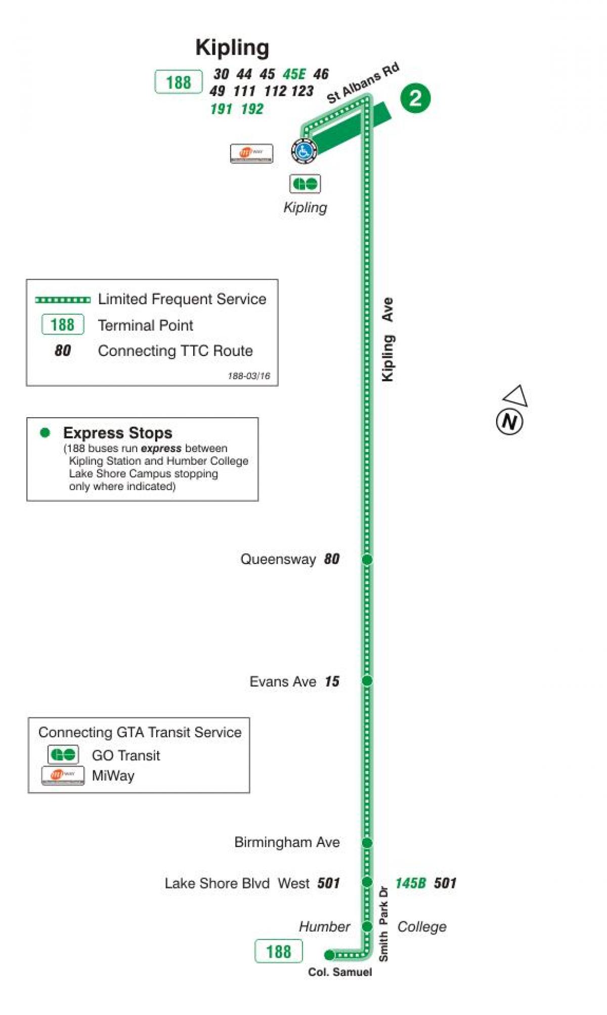 Kart av TTC-188 Kipling Sør-Rakett buss rute Toronto