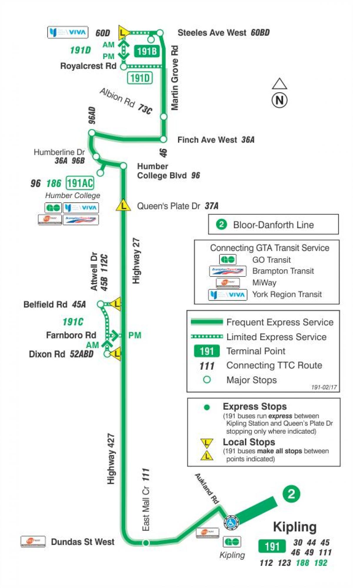 Kart av TTC-191 Highway 27 Rakett buss rute Toronto