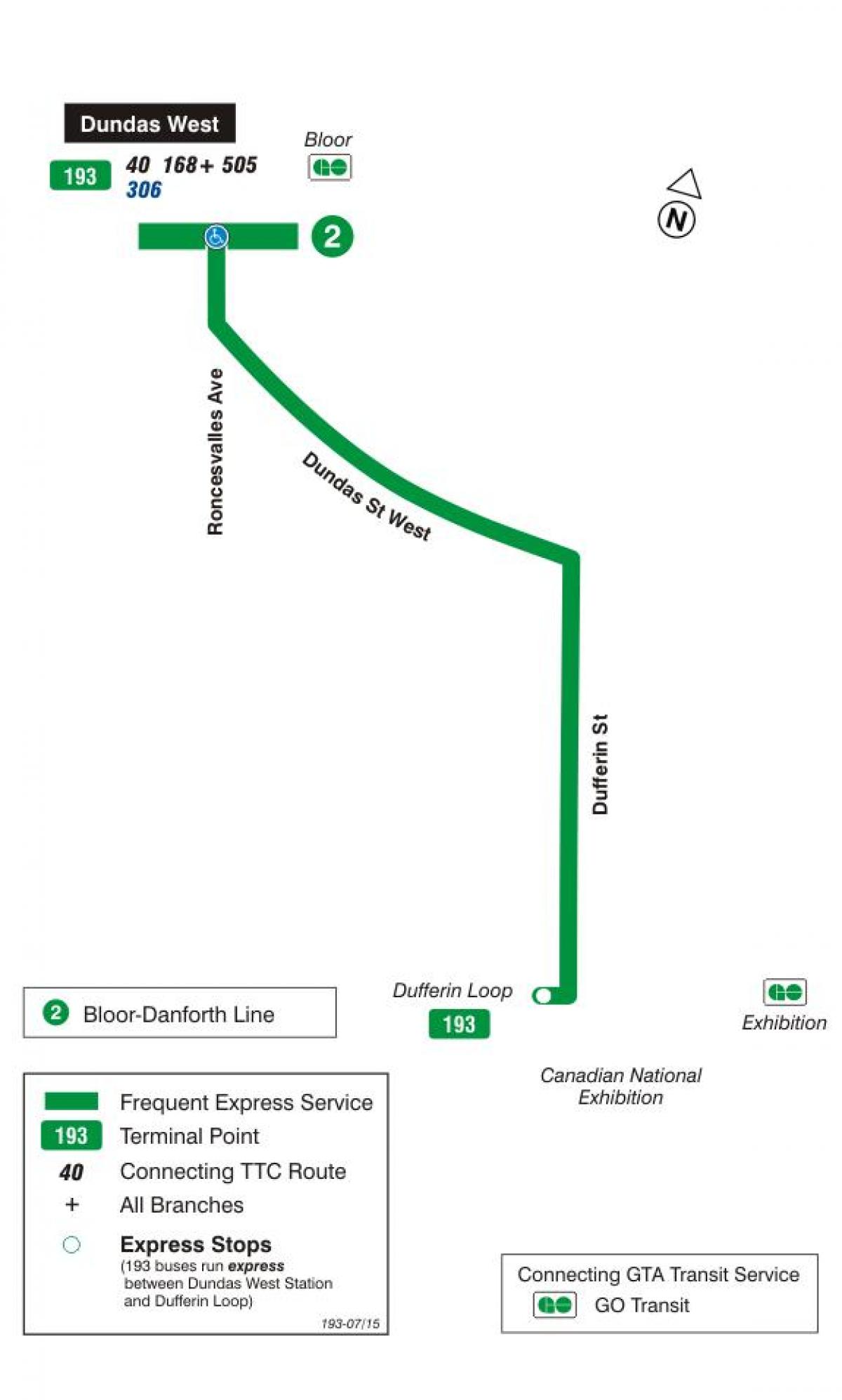 Kart av TTC-193 Utstilling Rakett buss rute Toronto