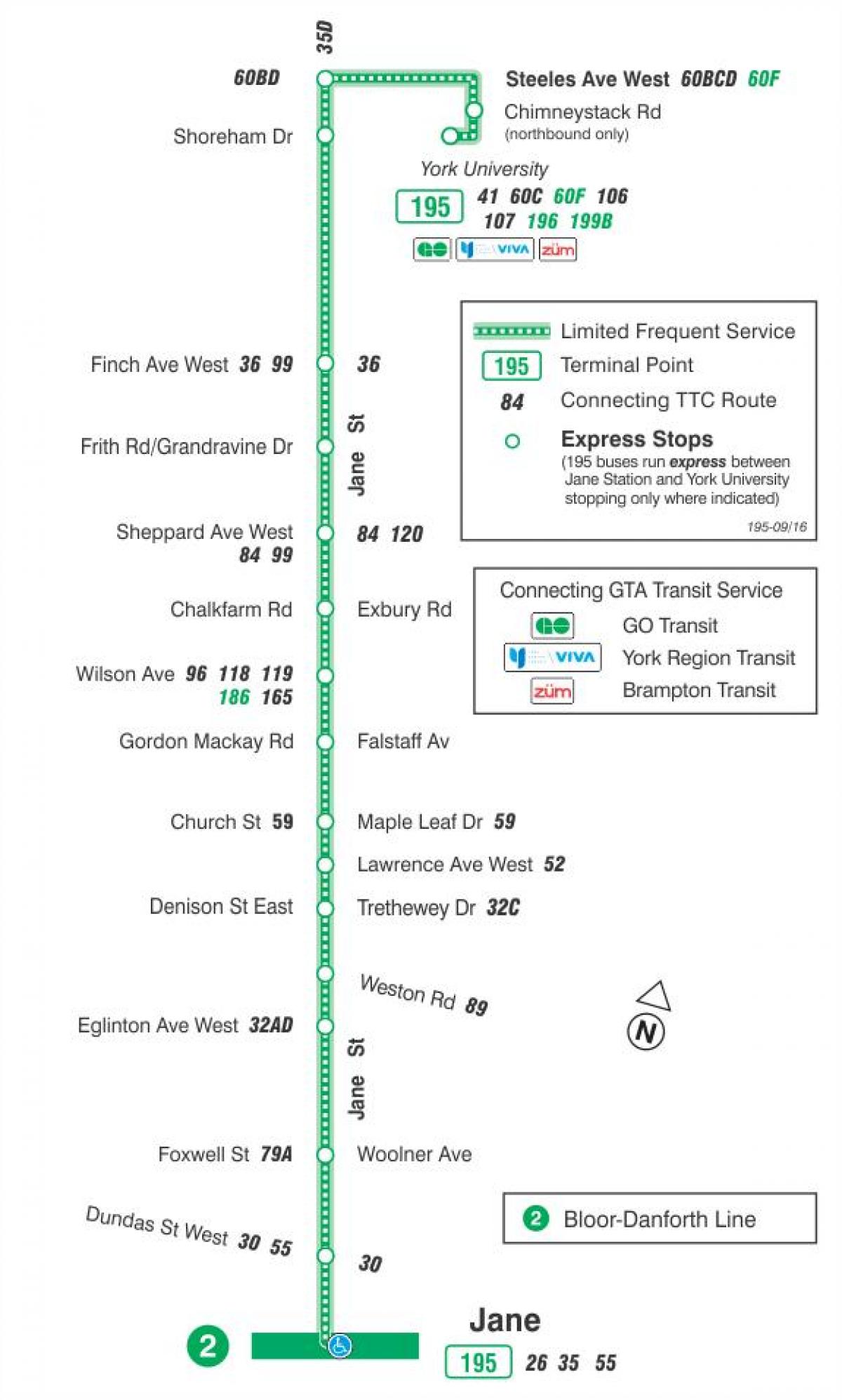 Kart av TTC-195 Jane Rakett buss rute Toronto