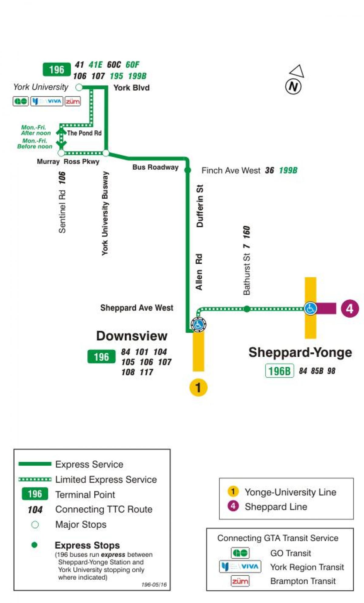 Kart av TTC-196 York University Rakett buss rute Toronto