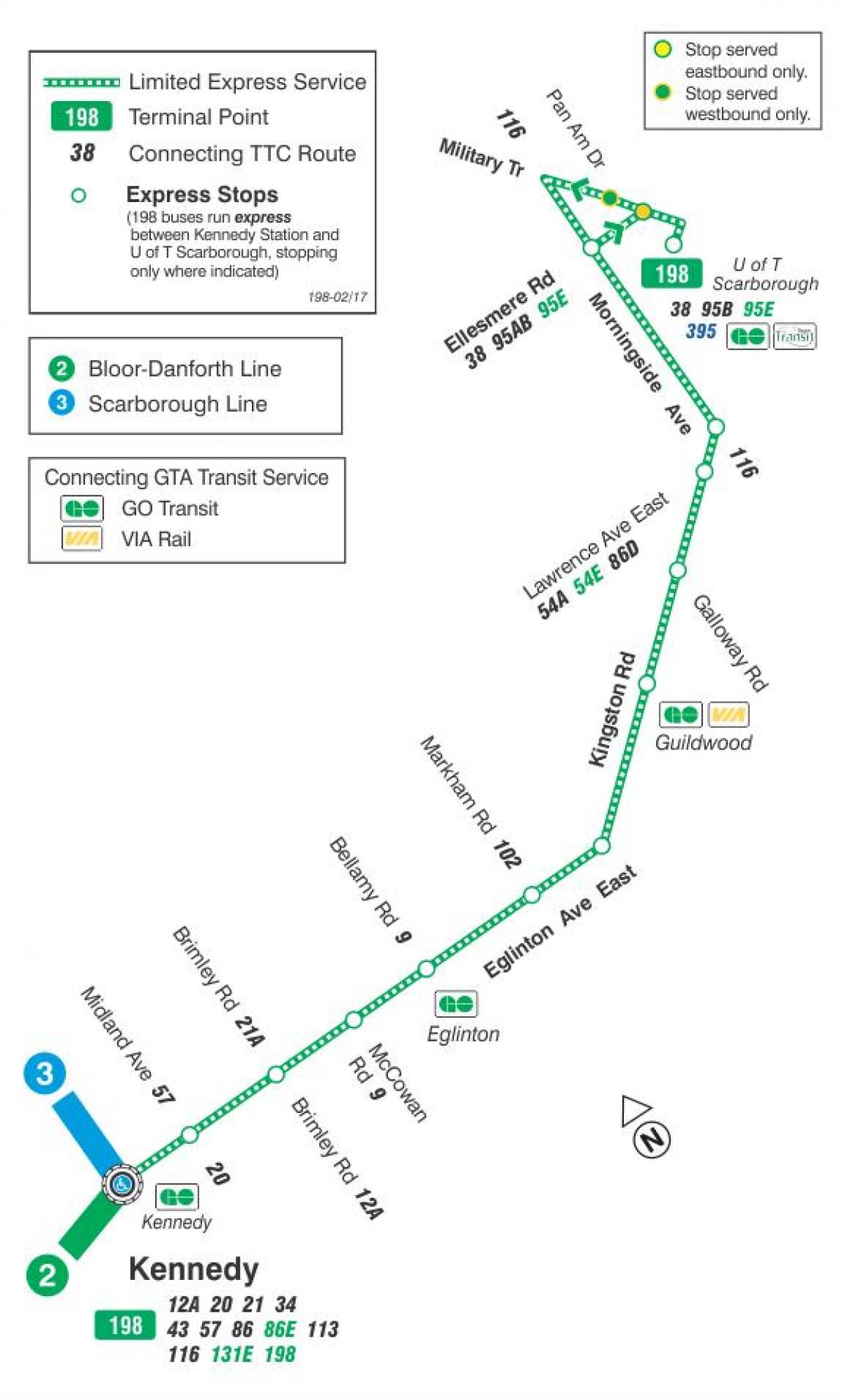 Kart av TTC-198 U T Scarborough Rakett buss rute Toronto