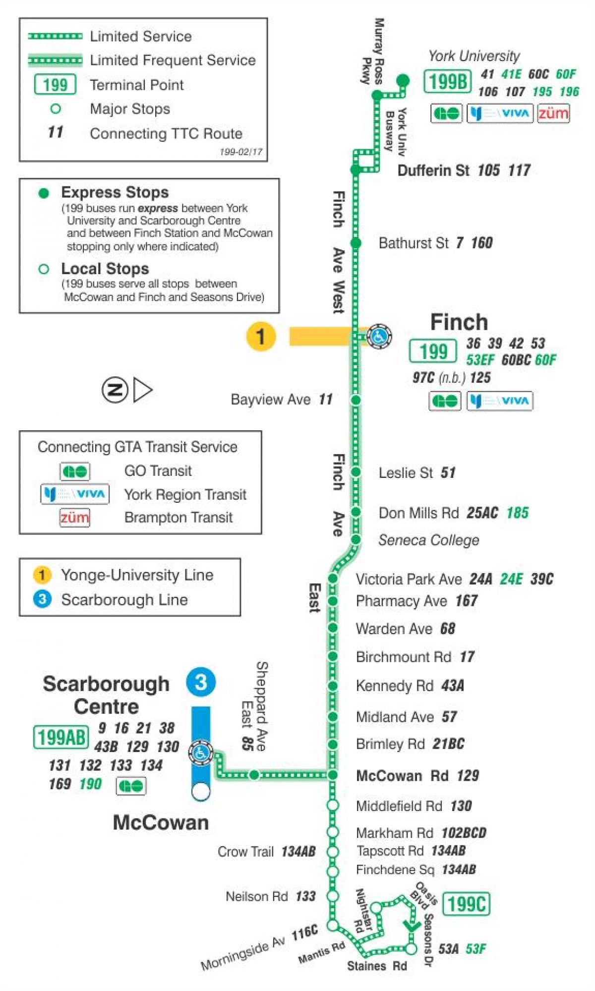 Kart av TTC-199 Finch Rakett buss rute Toronto