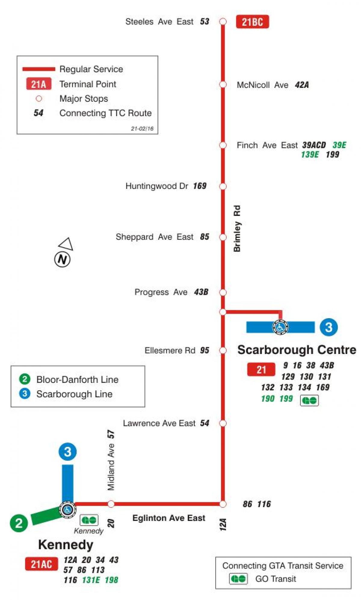 Kart av TTC-21 Brimley buss rute Toronto