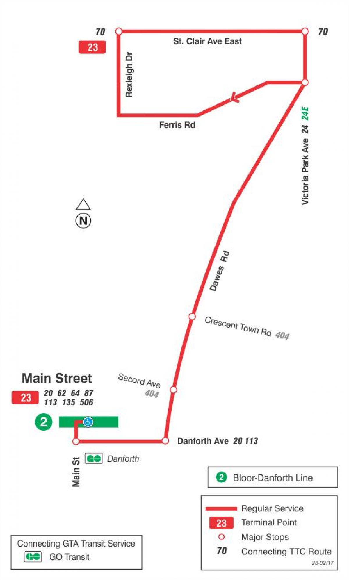 Kart av TTC-23 Dawes buss rute Toronto