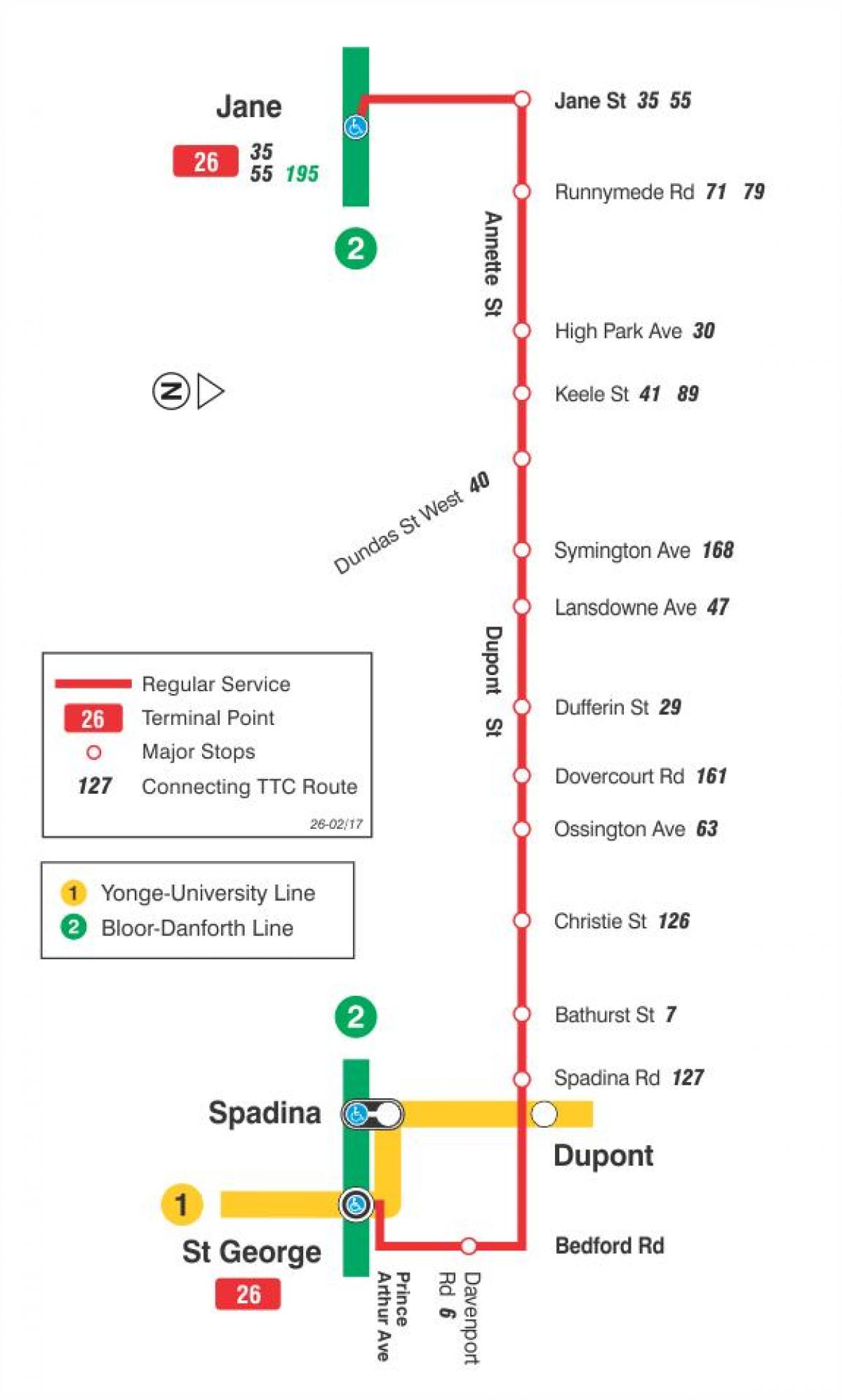 Kart av TTC-26 Dupont buss rute Toronto