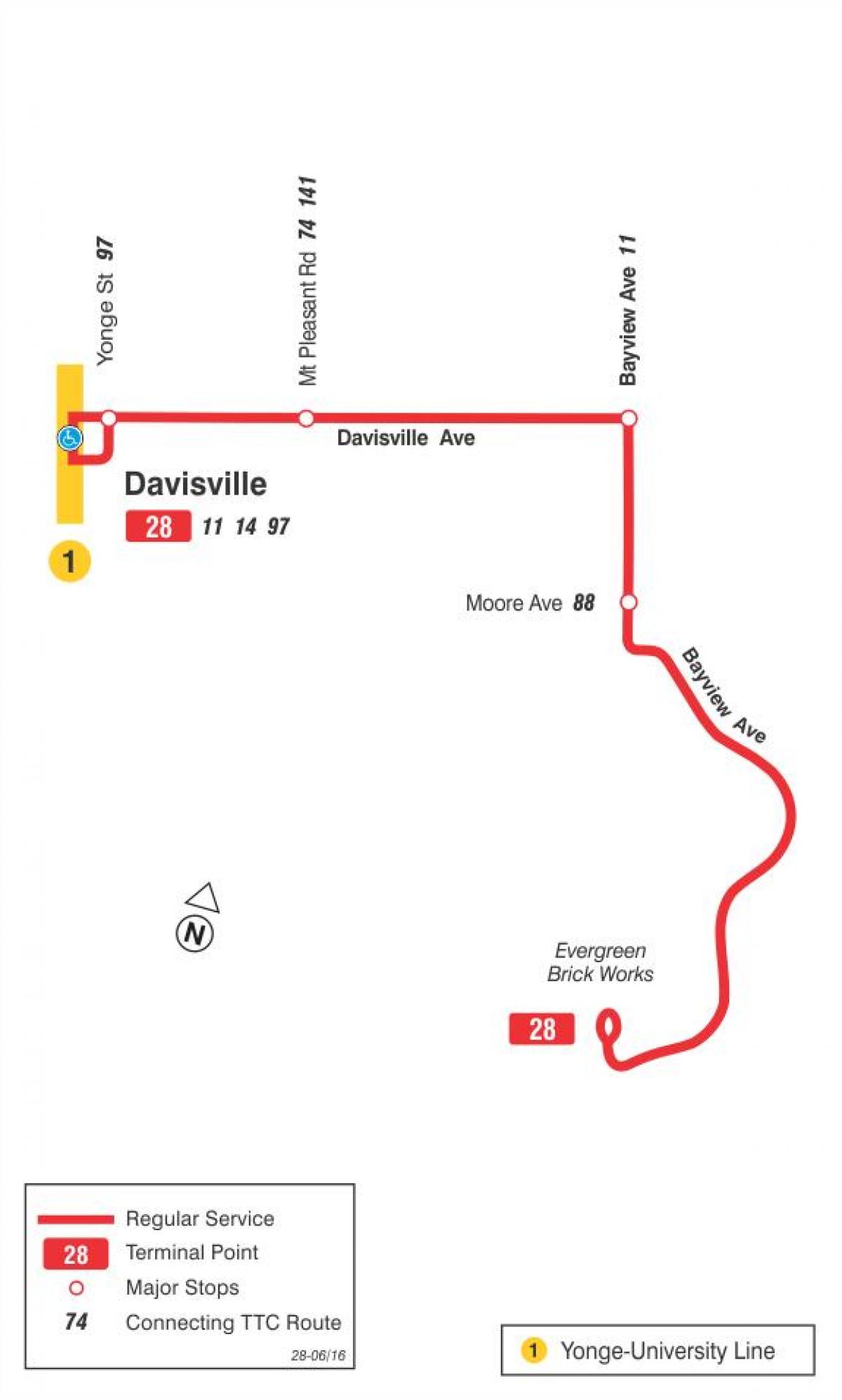 Kart av TTC-28 Bayview Sør-buss rute Toronto