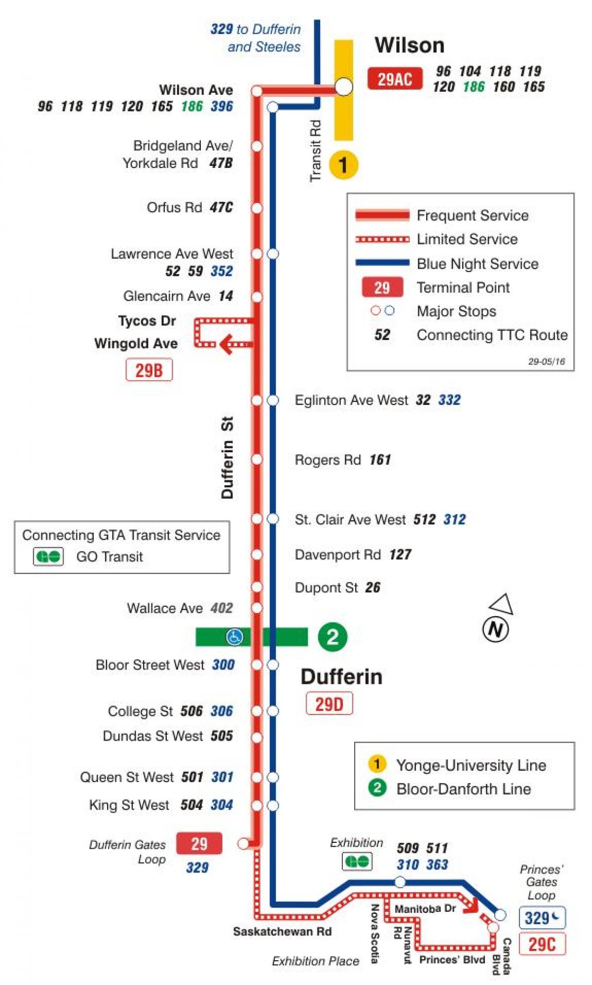 Kart av TTC-29 Dufferin buss rute Toronto