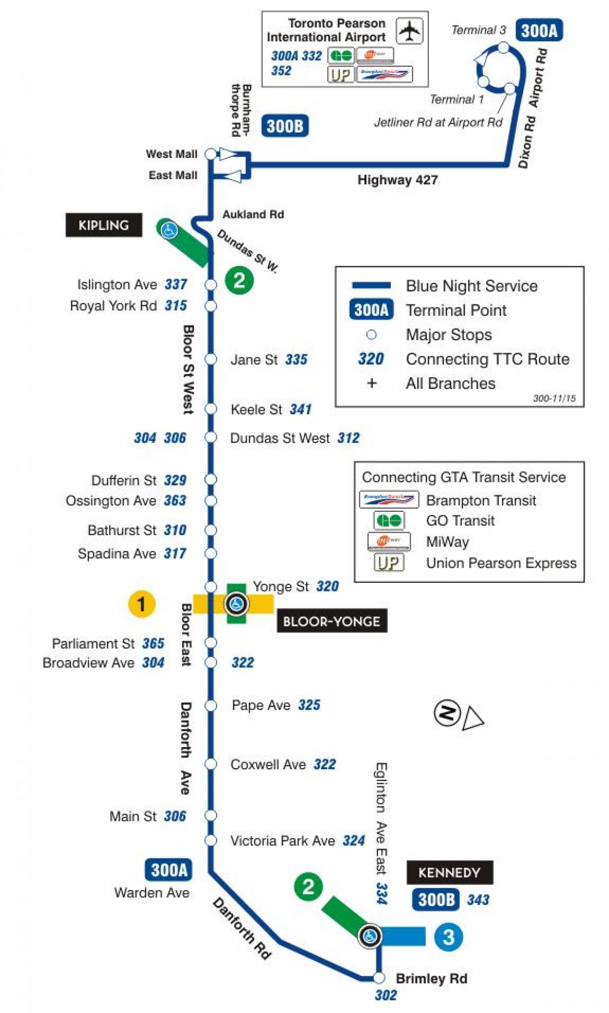 Kart av TTC-300A Bloor-Danforth buss rute Toronto