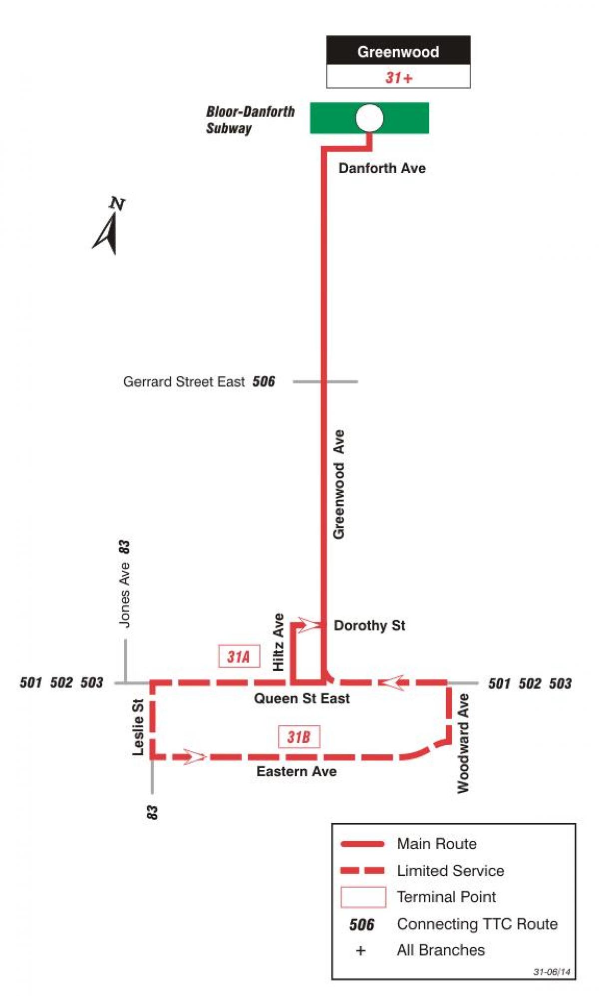 Kart av TTC-31 Greenwood buss rute Toronto