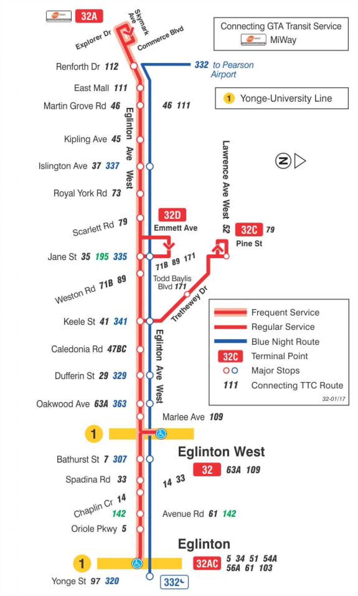 Kart av TTC-32 Eglinton West buss rute Toronto