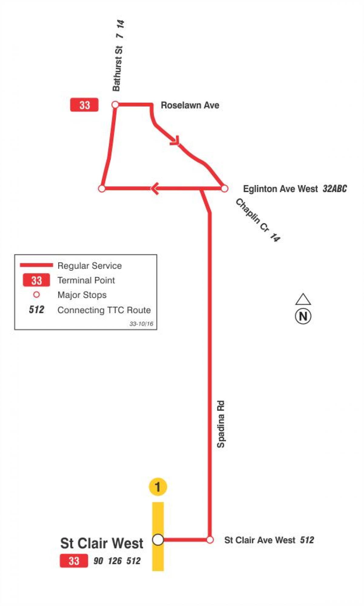 Kart av TTC-33 Forest Hill buss rute Toronto