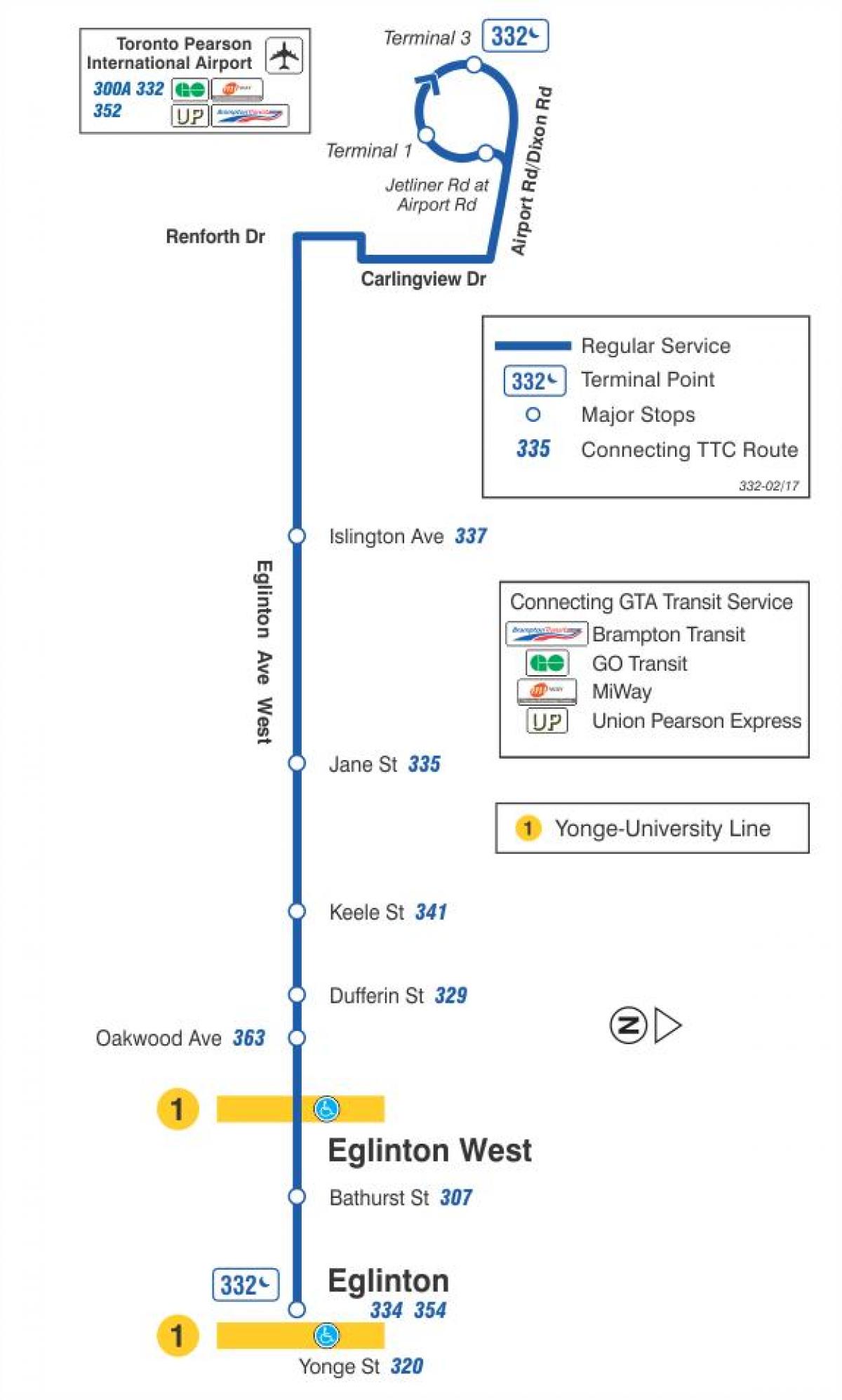 Kart av TTC-332 Eglinton West buss rute Toronto