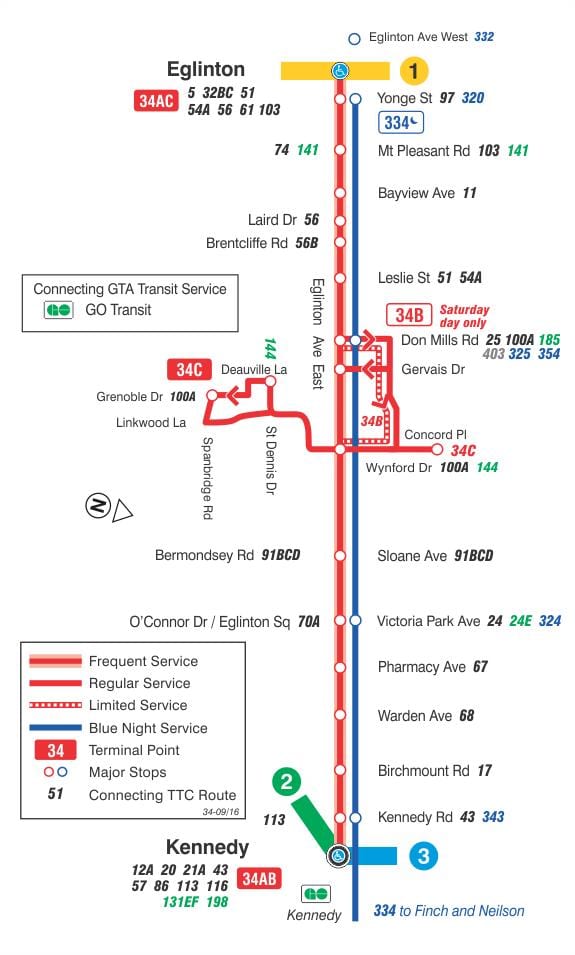 Kart av TTC-34 Eglinton Øst buss rute Toronto