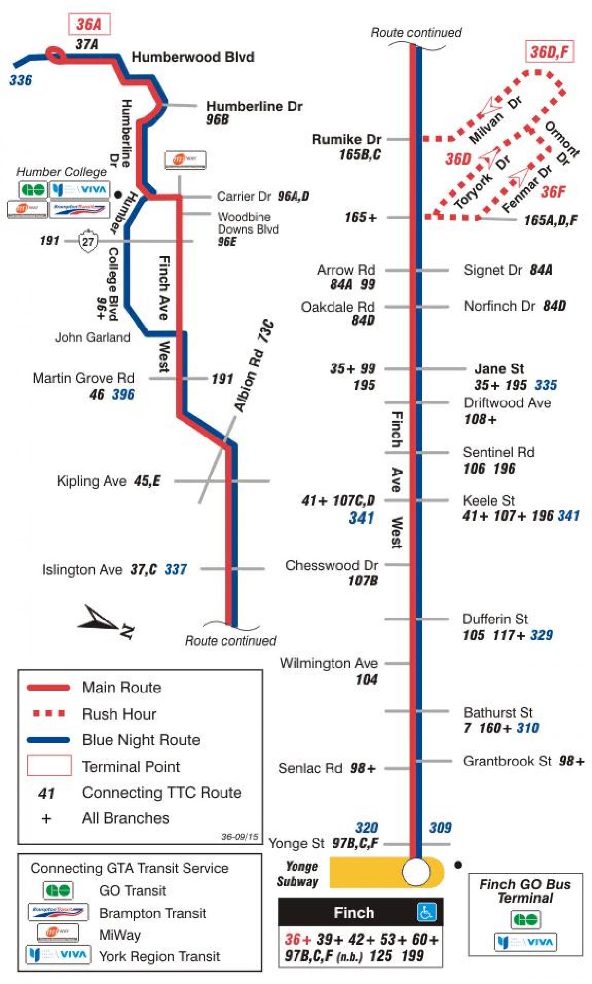 Kart av TTC-36 Finch Vest buss rute Toronto