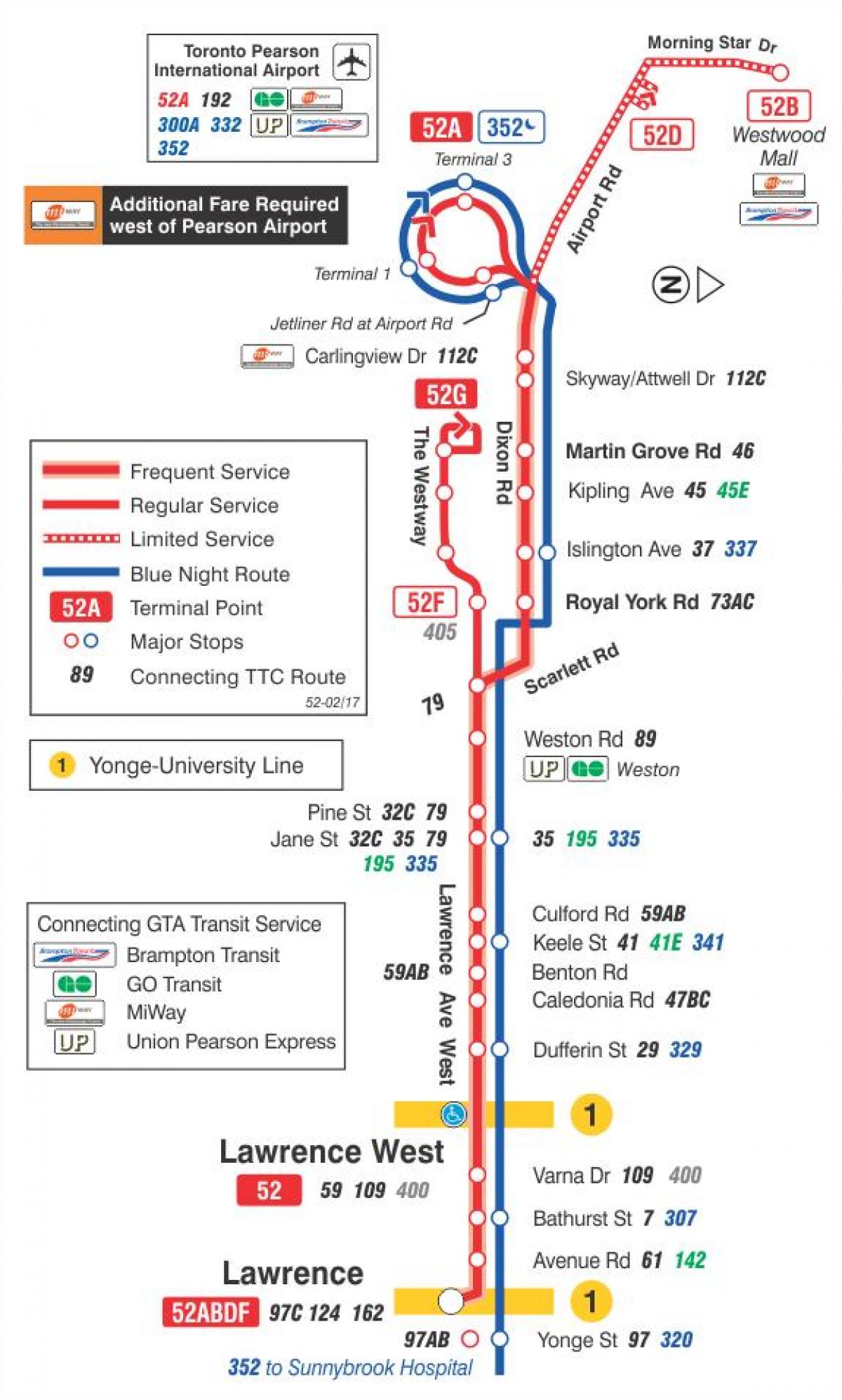 Kart av TTC-52 Lawrence West buss rute Toronto